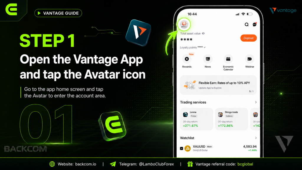 Step 1 of changing your Vantage trading password: open the Vantage app and tap the avatar icon at the top of the home screen