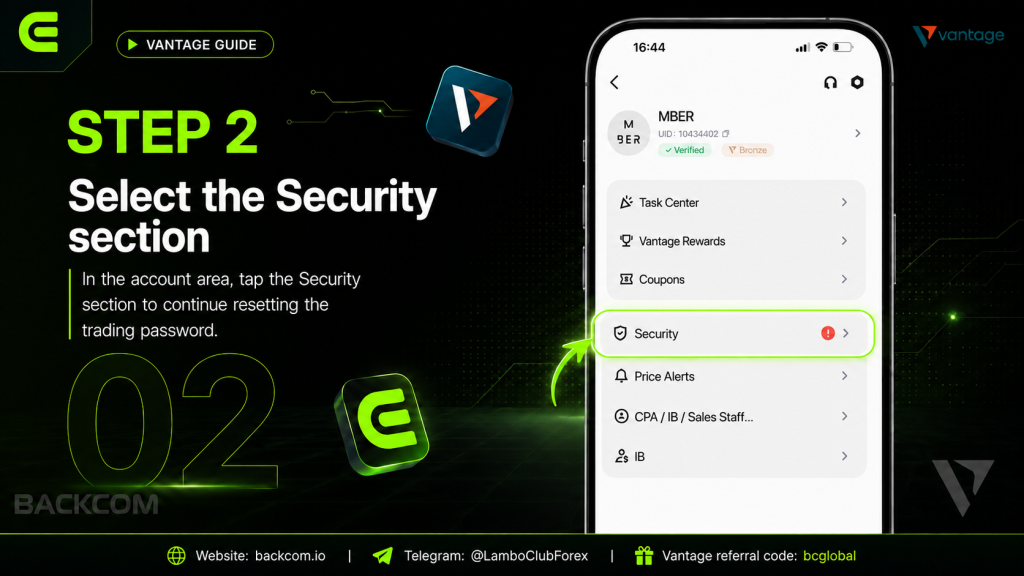 Step 2 of changing your Vantage trading password: open the Account and Security section in the Vantage app account menu