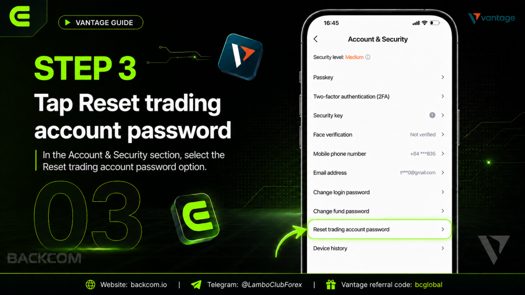 Step 3 of changing your Vantage trading password: select Reset trading account password inside the Account and Security section