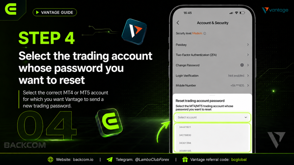 Step 4 of changing your Vantage trading password: choose the correct MT4 or MT5 trading account from the list before resetting