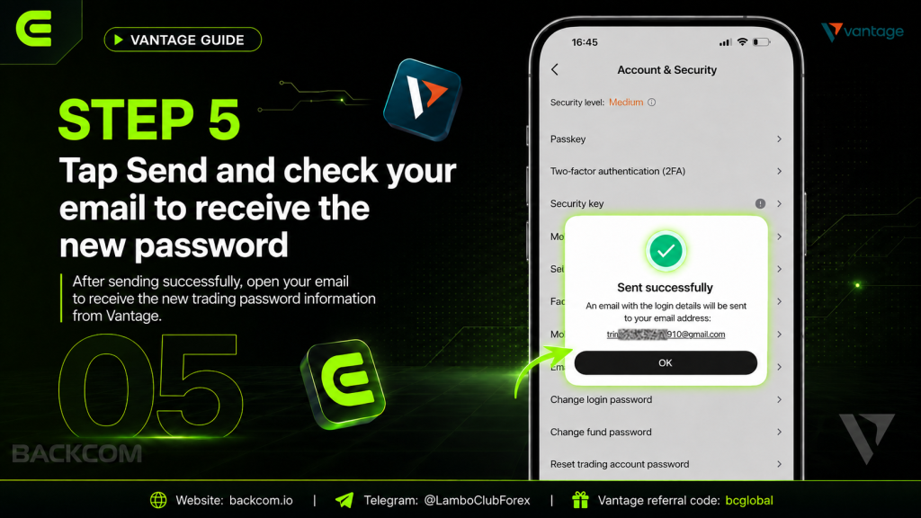 Step 5 of changing your Vantage trading password: tap Submit and check your registered email for the new trading password