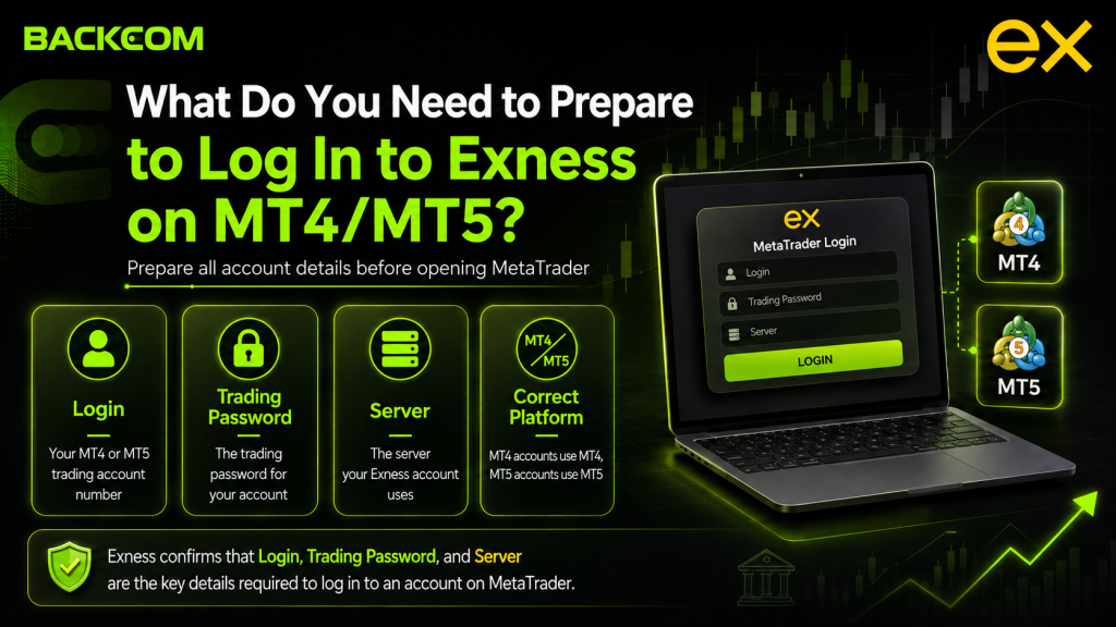 What you need to prepare to log in to Exness MT4/MT5: login, trading password, server and platform