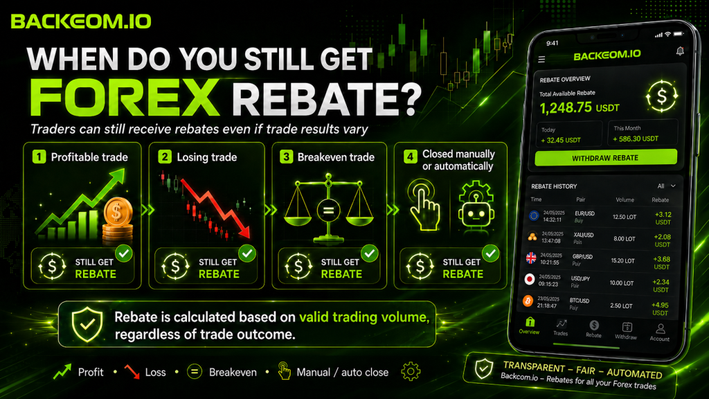 Traders still receive a forex rebate on profitable, losing, breakeven and manually or automatically closed trades