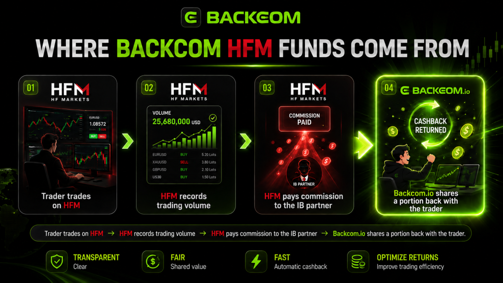 HFM Rebate money comes from the partner commission HFM pays to the IB (such as Backcom.io), not an amount deducted directly from the trader's trading balance. This image illustrates where the money comes from.