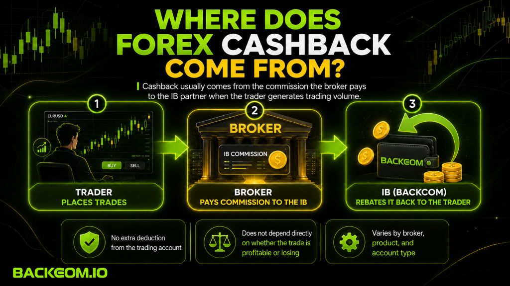 Where forex cashback comes from: broker pays IB commission and the IB rebates the trader