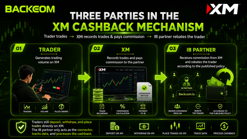 Three parties in the XM cashback mechanism: trader, XM and the IB partner