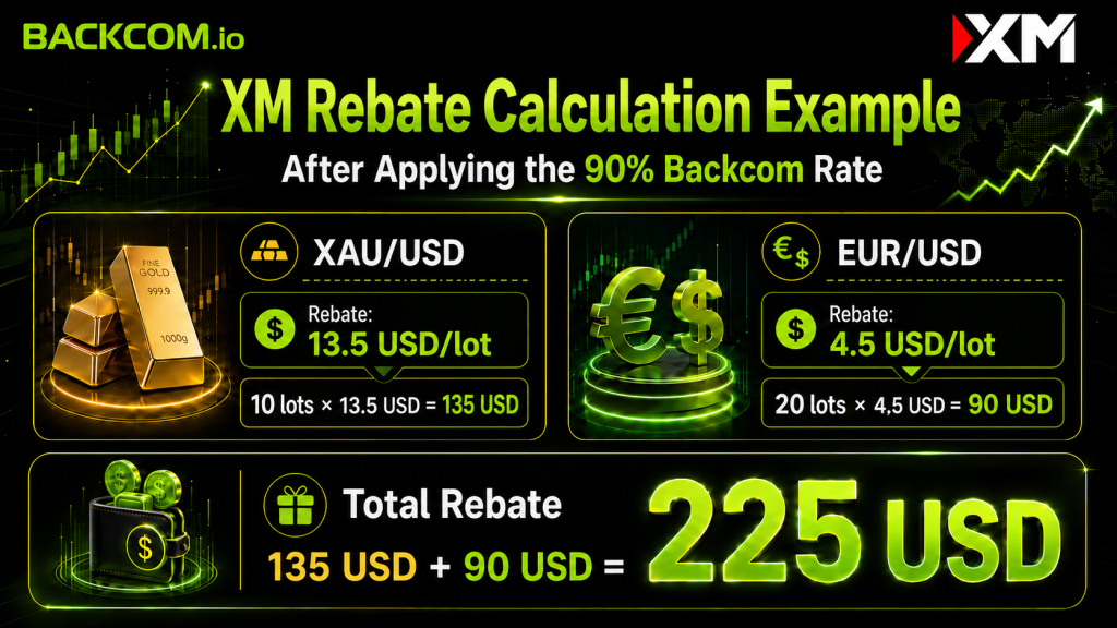 XM rebate calculation example for XAU USD and EUR USD after the 90% Backcom rate
