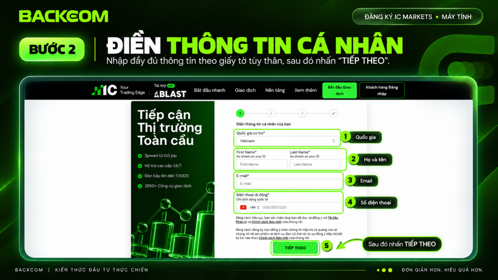 Bước 2 hướng dẫn đăng ký tài khoản IC Markets: điền quốc gia, họ tên, email và số điện thoại rồi nhấn Tiếp theo