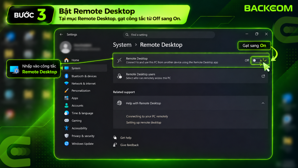 Bước 3 trong bộ hướng dẫn cách để kích hoạt và mở công cụ Remote Desktop Connection