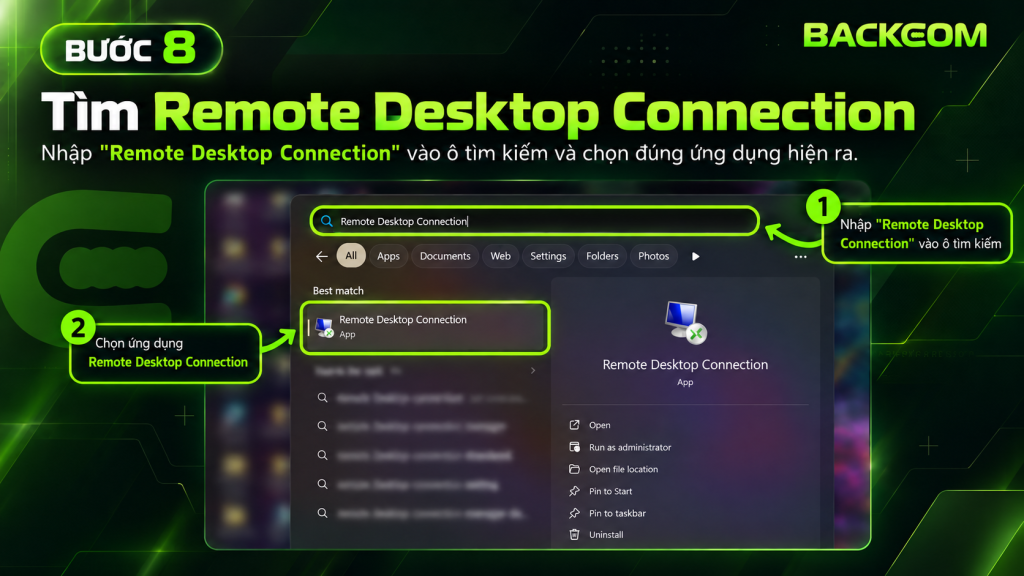 Bước 8 trong bộ hướng dẫn cách để kích hoạt và mở công cụ Remote Desktop Connection
