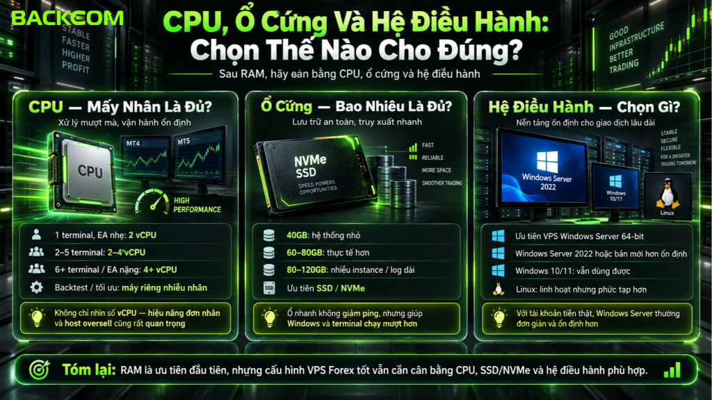 Hình ảnh minh họa cách lựa chọn CPU, ổ cứng và hệ điều hành cho VPS forex, gồm số vCPU, dung lượng SSD/NVMe và VPS Windows Server phù hợp để chạy MT4, MT5 và EA ổn định.