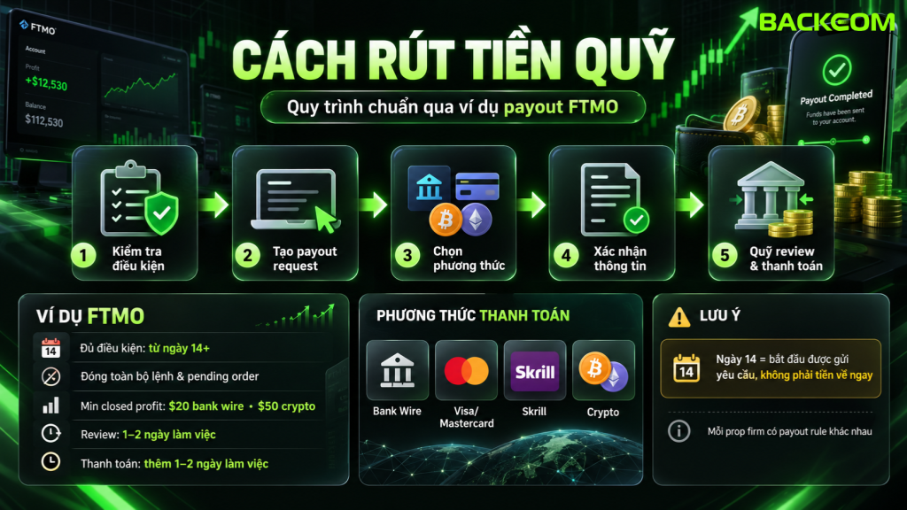 Minh họa cách rút tiền quỹ qua quy trình payout FTMO từng bước: kiểm tra điều kiện, tạo yêu cầu payout, chọn phương thức nhận tiền, xác nhận invoice và chờ quỹ xét duyệt.