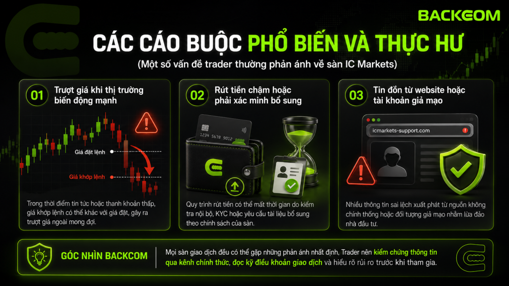 Hình ảnh minh họa các cáo buộc phổ biến xoay quanh IC Markets lừa đảo như trượt giá, chậm rút tiền và giả mạo thương hiệu, kèm góc nhìn phân tích thực hư để trader đánh giá khách quan.