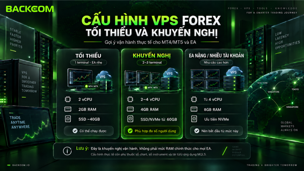 Hình ảnh minh họa cấu hình VPS forex tối thiểu và khuyến nghị năm 2026, giúp trader lựa chọn RAM, CPU, ổ cứng và hệ điều hành phù hợp theo số terminal MT4/MT5 và mức độ sử dụng EA.