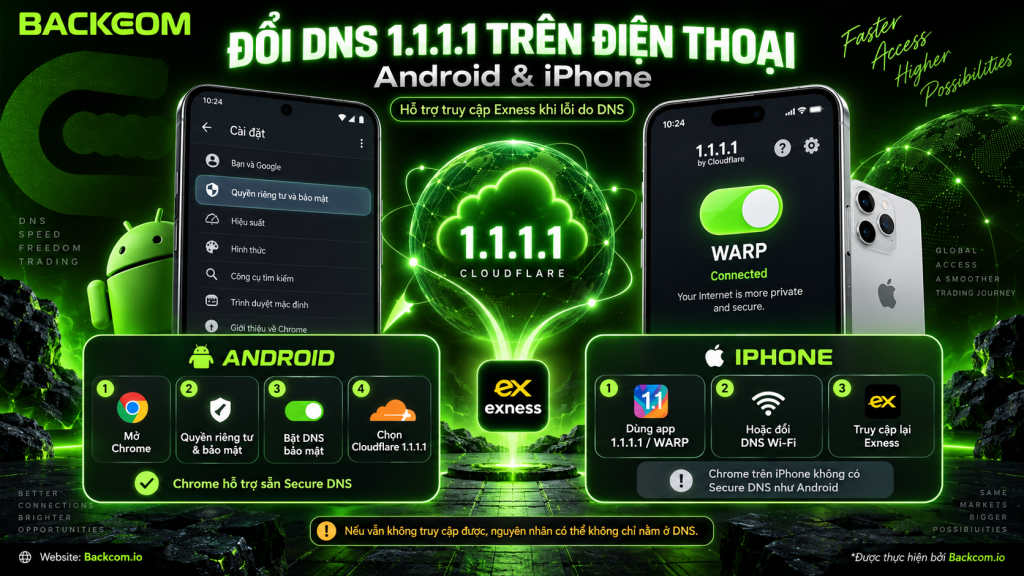 Hướng dẫn đổi DNS 1.1.1.1 trên Android và iPhone để hỗ trợ cách truy cập Exness khi không vào được Exness bằng kết nối mạng thông thường.