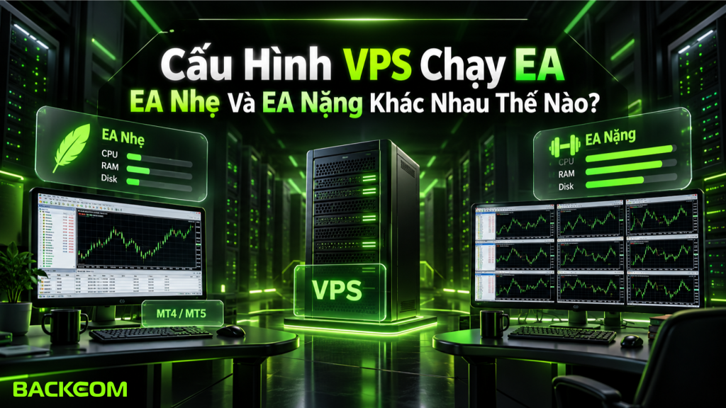 Hình ảnh minh họa cấu hình VPS chạy EA nhẹ và EA nặng, cho thấy sự khác biệt về nhu cầu RAM, CPU, số biểu đồ và mức xử lý khi vận hành MT4/MT5 liên tục.