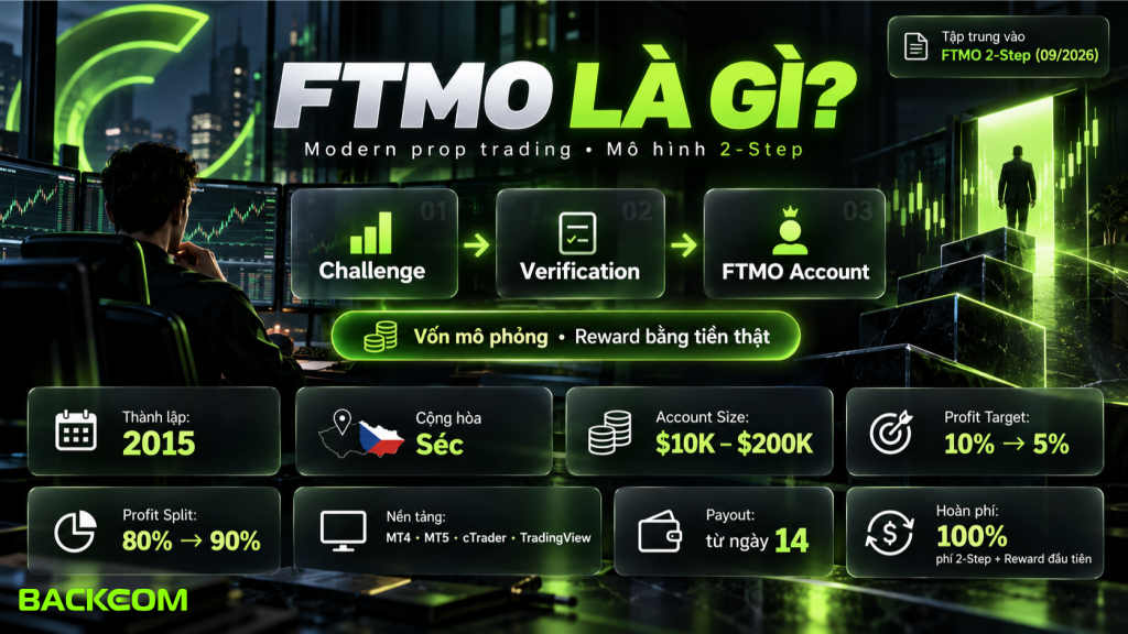 Hình minh họa giải thích FTMO là gì và tổng quan quỹ FTMO 2026, gồm mô hình challenge, quy mô tài khoản, tỷ lệ chia lợi nhuận và cơ chế payout dành cho trader.