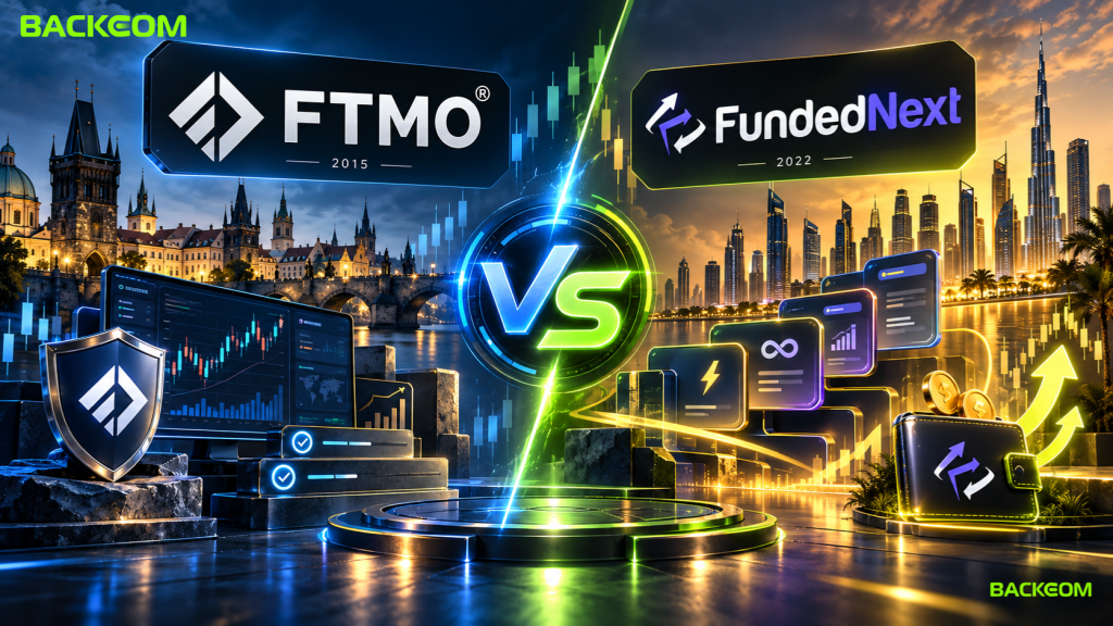 Ảnh minh họa tổng quan FTMO vs FundedNext 2026, so sánh hai quỹ prop trading về lịch sử hoạt động, mô hình challenge, size tài khoản, Reward Share, scaling và những điểm khác biệt nổi bật trước khi đi sâu vào rule, phí và payout.