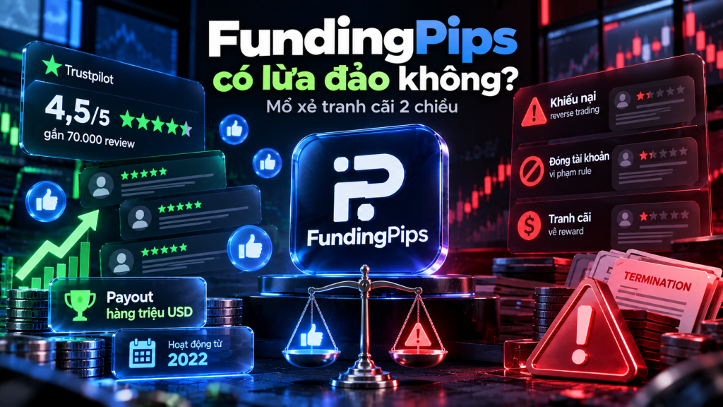Hình ảnh minh họa chủ đề FundingPips có lừa đảo không, phân tích hai chiều các tranh cãi về reverse trading, đóng tài khoản, từ chối reward và dữ liệu payout của quỹ FundingPips.