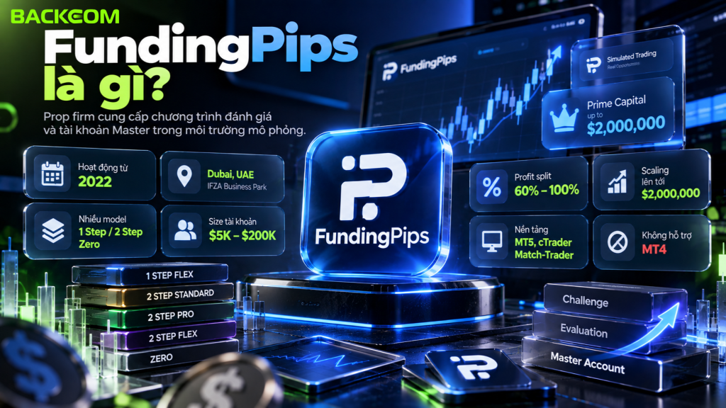 Hình ảnh minh họa FundingPips là gì, tổng quan quỹ FundingPips năm 2026 với các model challenge, quy mô tài khoản, nền tảng MT5, cTrader, Match-Trader và tỷ lệ chia lợi nhuận.