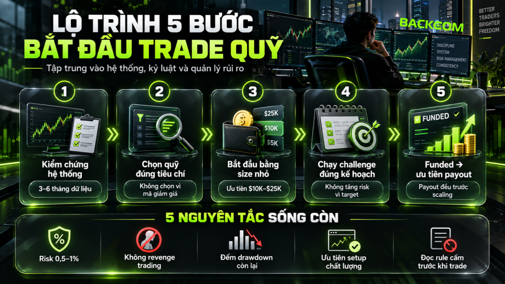 Hình ảnh minh họa lộ trình 5 bước bắt đầu trade quỹ cho trader, từ kiểm chứng chiến lược, lựa chọn quỹ cấp vốn và account size phù hợp đến giao dịch challenge và quản lý tài khoản funded.