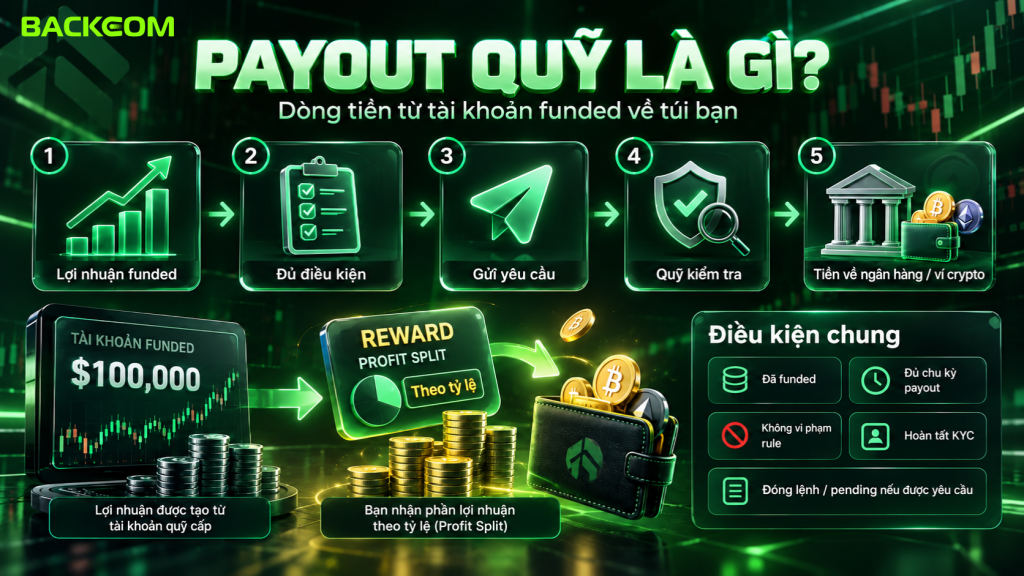 Minh họa payout quỹ và dòng tiền từ tài khoản funded: trader tạo lợi nhuận, đáp ứng điều kiện payout, gửi yêu cầu, quỹ xét duyệt và nhận tiền qua bank wire hoặc crypto.