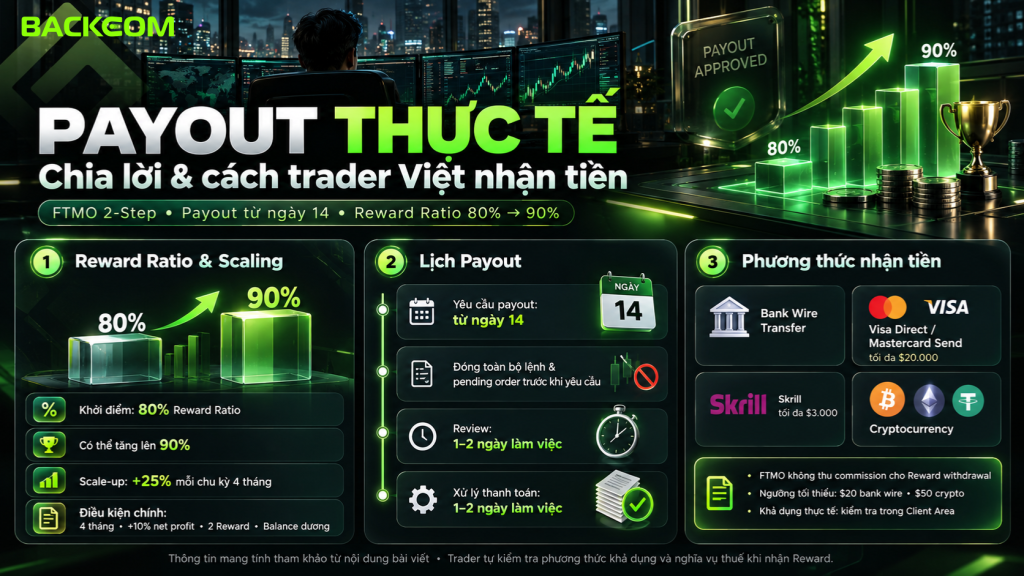Hình minh họa payout FTMO, tỷ lệ chia lợi nhuận 80%–90% và các phương thức giúp trader Việt nhận tiền sau khi đáp ứng điều kiện rút Reward từ quỹ FTMO.