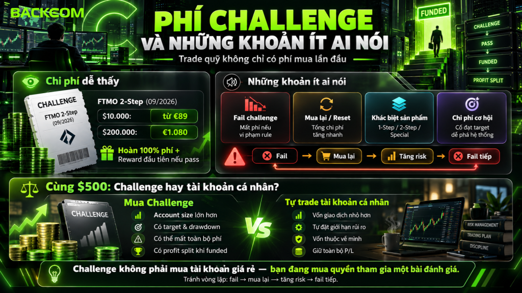 Hình ảnh minh họa các chi phí khi trade quỹ, gồm phí challenge, chi phí mua lại sau khi fail, reset tài khoản và những khoản phát sinh trader cần tính trước khi tham gia prop trading.