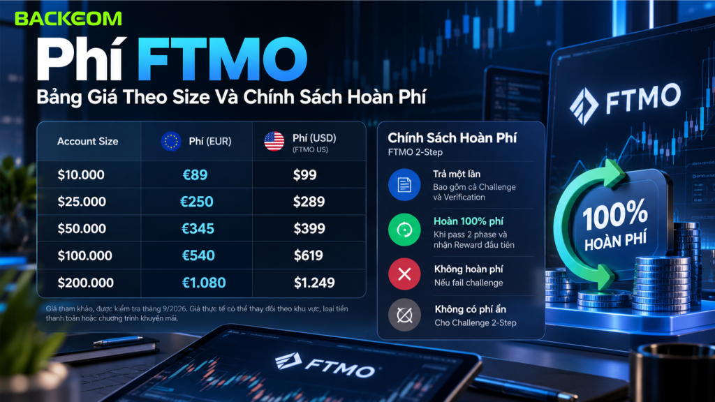 Hình minh họa phí FTMO theo từng size tài khoản từ $10K đến $200K, kèm chính sách hoàn phí challenge sau khi trader vượt qua quy trình đánh giá và đủ điều kiện nhận payout.