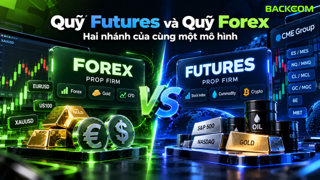 Hình ảnh minh họa sự khác biệt giữa quỹ futures và quỹ forex trong mô hình trade quỹ. Quỹ forex tập trung vào forex, vàng và CFD, trong khi quỹ futures giao dịch hợp đồng tương lai như ES, NQ, CL và GC trên các sàn tập trung. Hình ảnh giúp trader nhận diện nhanh hai nhánh trước khi so sánh phí, nền tảng, drawdown và cách vận hành.