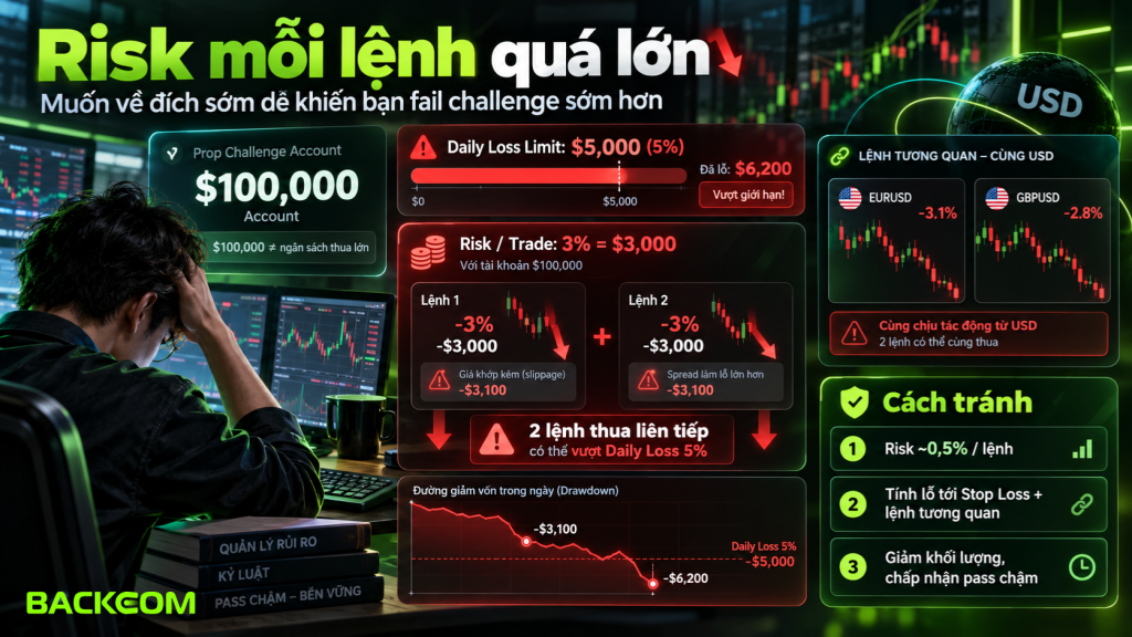 Hình minh họa cách khối lượng lệnh quá lớn làm cạn ngân sách rủi ro trong ngày và có thể khiến tài khoản challenge bị loại trước khi đạt profit target.