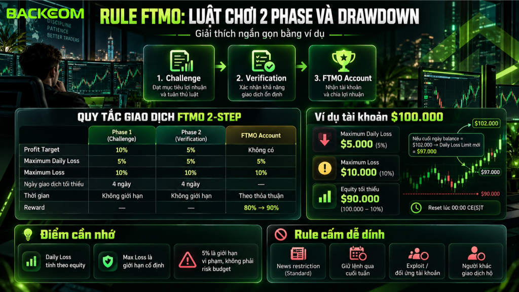 Hình minh họa Rule FTMO 2 phase, giải thích các giới hạn Profit Target, Daily Loss và Maximum Loss bằng ví dụ cụ thể, giúp trader hiểu cách kiểm soát drawdown khi tham gia quỹ FTMO.