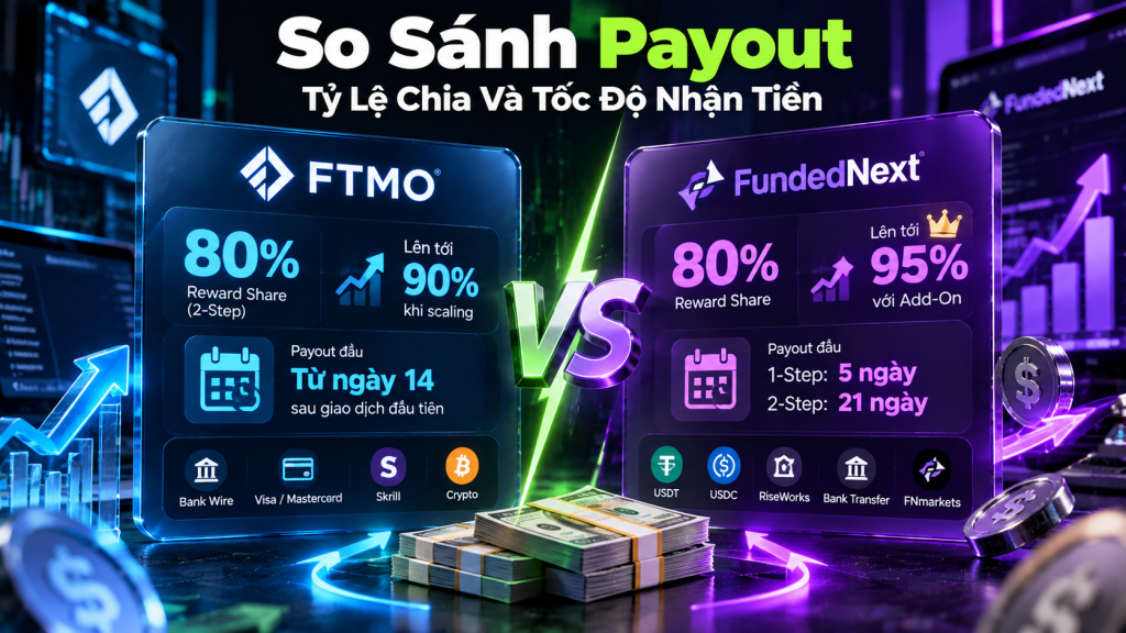 Ảnh minh họa so sánh payout FTMO và FundedNext 2026, tập trung vào tỷ lệ chia lợi nhuận, mức Reward Share tối đa, thời gian đủ điều kiện payout đầu tiên và tốc độ nhận tiền của từng quỹ.