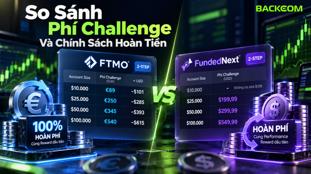 Ảnh minh họa so sánh phí challenge FTMO và FundedNext 2026, tập trung vào mức phí theo size tài khoản, chính sách hoàn tiền sau khi pass challenge và những khác biệt trader cần lưu ý trước khi đăng ký.