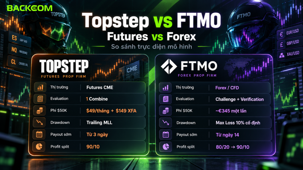 Ảnh minh họa so sánh quỹ Topstep vs quỹ forex thông qua FTMO, tập trung vào những khác biệt chính giữa mô hình prop firm futures và forex như thị trường giao dịch, cấu trúc evaluation, phí tham gia, quy tắc drawdown và tài khoản funded.