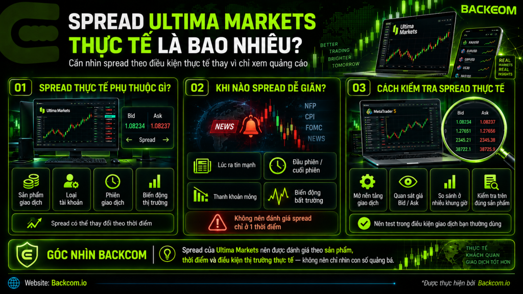 Hình minh họa spread Ultima Markets theo từng loại tài khoản, giúp trader hiểu mức spread tối thiểu, spread thực tế và các yếu tố khiến chênh lệch giá thay đổi khi giao dịch.