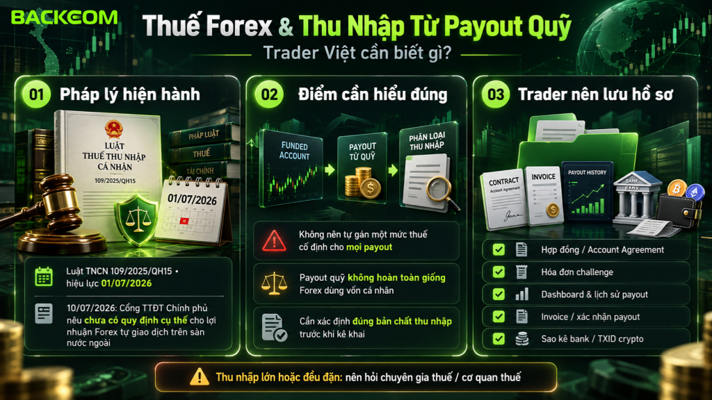 Minh họa thuế forex và thu nhập từ payout quỹ dành cho trader Việt, gồm lưu ý về chứng từ payout, nguồn tiền từ prop firm, kê khai thu nhập và việc theo dõi quy định thuế hiện hành.