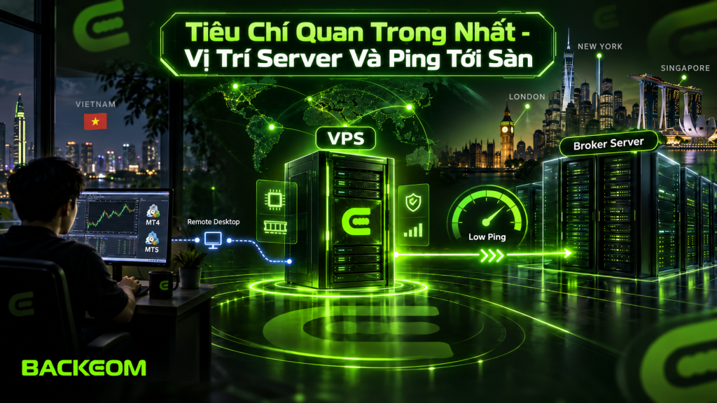 Hình minh họa cách vị trí data center ảnh hưởng đến ping giữa VPS và server sàn, giúp trader chọn VPS forex tốt nhất cho MT4, MT5 và EA.