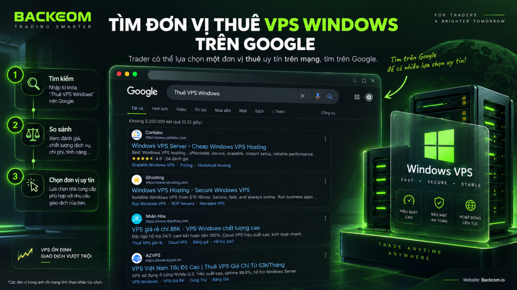 Hình ảnh minh họa Bước 1: Thuê VPS Windows để cài MT4/MT5 và chạy EA 24/7, ưu tiên cấu hình phù hợp, uptime cao và vị trí server gần broker để giảm độ trễ.