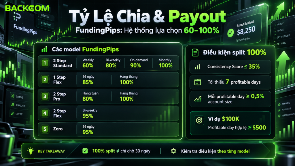 Hình ảnh minh họa tỷ lệ chia lợi nhuận và payout của quỹ FundingPips, với các lựa chọn reward từ 60% đến 100% và chu kỳ rút tiền khác nhau theo từng model.