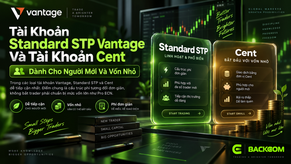Hình ảnh minh hoạ tài khoản Standard STP Vantage và tài khoản Cent, hai lựa chọn phù hợp cho người mới hoặc trader vốn nhỏ nhờ cấu trúc phí đơn giản và yêu cầu vốn dễ tiếp cận.