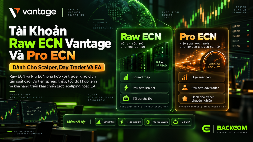 Hình ảnh minh hoạ tài khoản Raw ECN Vantage và Pro ECN dành cho scalper, day trader và EA, nổi bật với spread thấp, commission theo lot và khả năng tối ưu chi phí giao dịch.