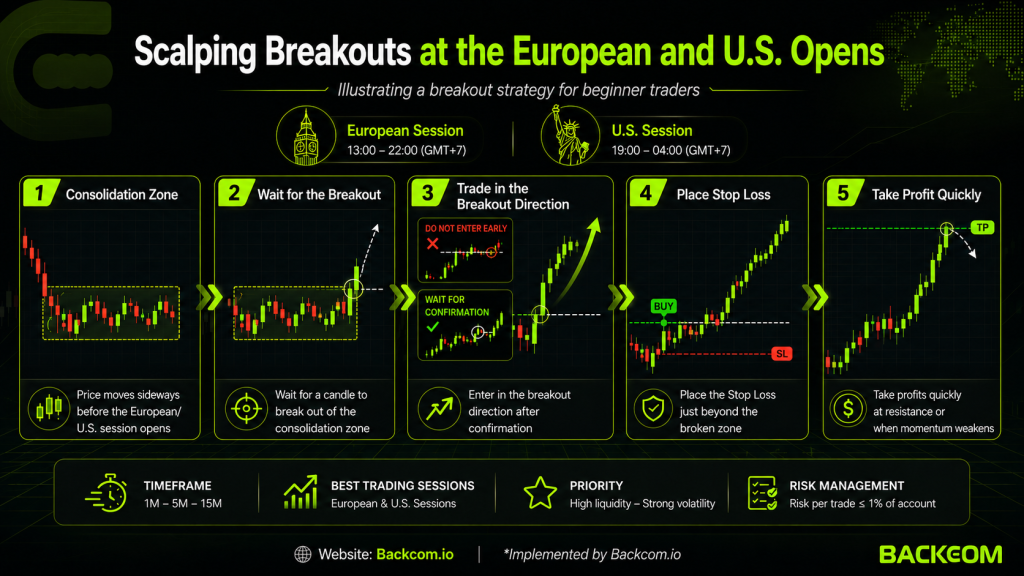 Breakout scalping strategy at the London and New York open, using high liquidity to find entries when price breaks a range or a key swing level