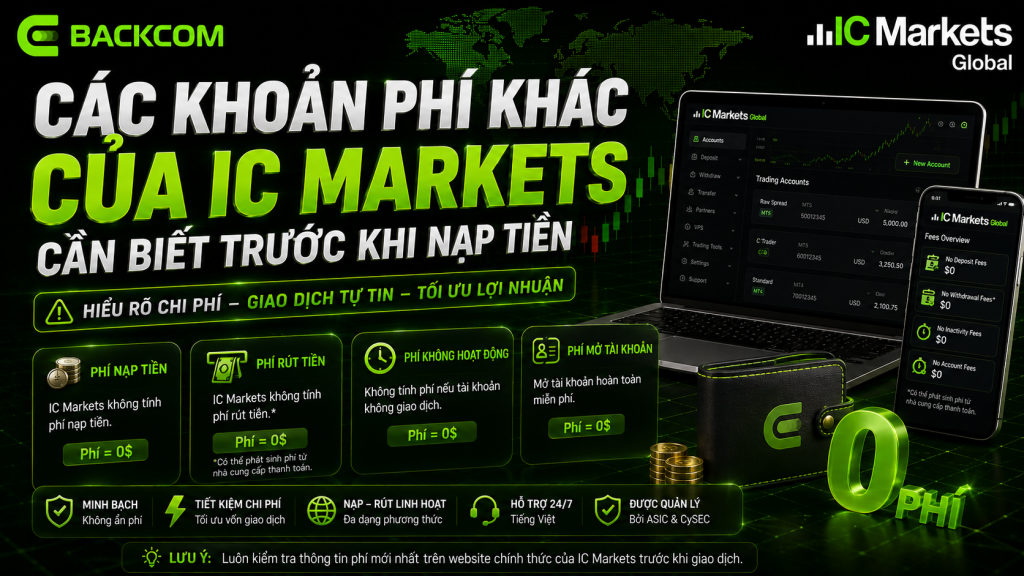 Các khoản phí khác của IC Markets: phí nạp, phí rút, phí không hoạt động và phí mở tài khoản đều 0 USD