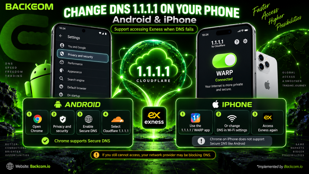 Setting DNS 1.1.1.1 on Android and iPhone as a way to access Exness when you cannot access Exness over a normal mobile connection.