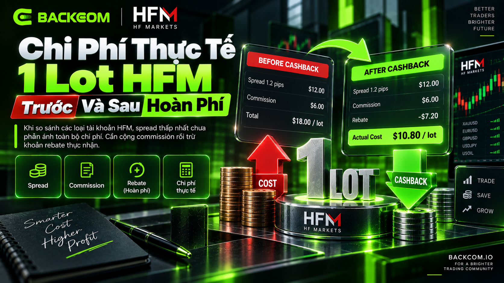 Chi phí thực tế 1 lot HFM trước và sau hoàn phí Backcom gồm spread, commission và rebate