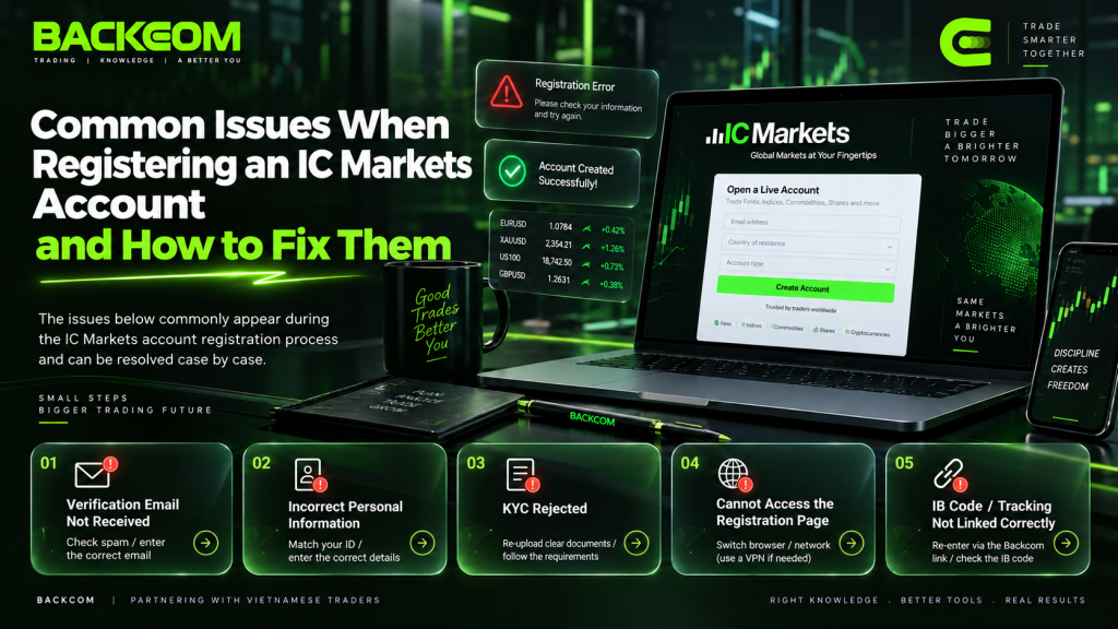 Common errors when you open an IC Markets account: no activation email, wrong personal details, rejected KYC, no access to the registration page and a missing IB code