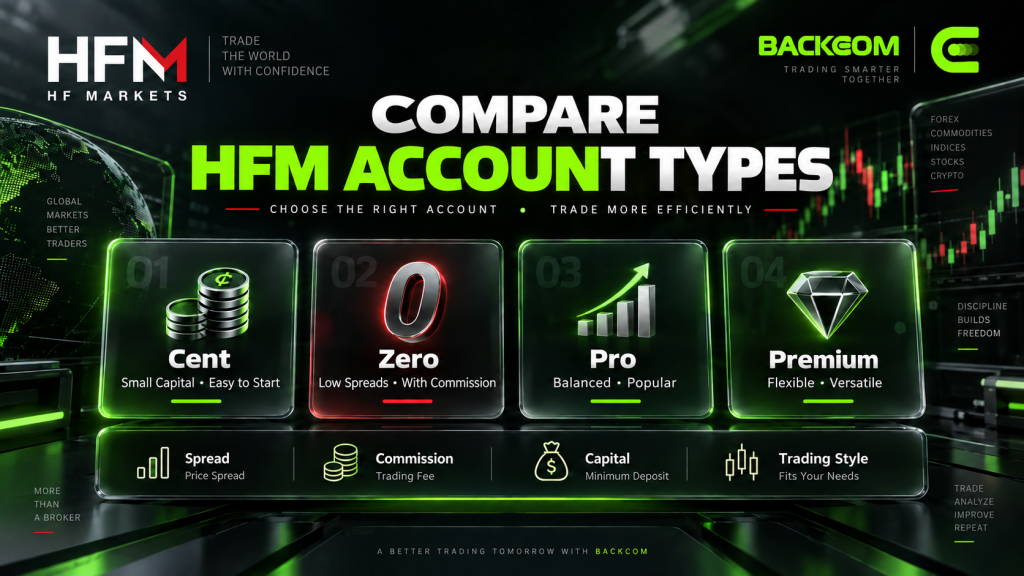 Table comparing HFM account types Cent, Zero, Pro and Premium on spread, commission and minimum capital