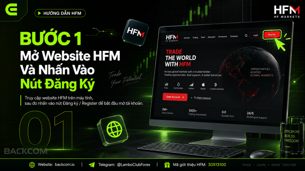 Bước 1 đăng ký tài khoản HFM: mở website HFM trên máy tính và nhấn nút Register để mở tài khoản