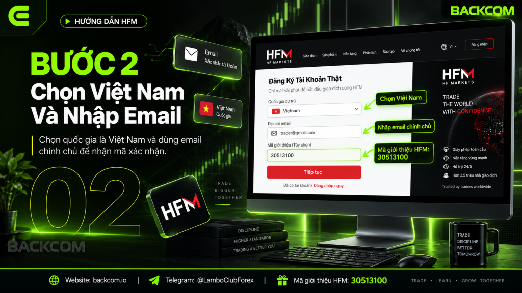 Bước 2 đăng ký tài khoản HFM: chọn quốc gia Việt Nam, nhập email chính chủ và mã giới thiệu 30513100